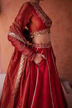 Load image into Gallery viewer, Maroon upada silk lehenga, shimmer tissue blouse and dupatta
