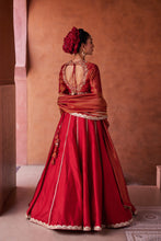 Load image into Gallery viewer, Maroon upada silk lehenga, shimmer tissue blouse and dupatta

