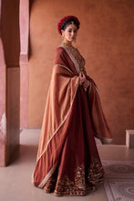 Load image into Gallery viewer, Maroon and beige shimmer tissue silk blouse,  lehenga and dupatta
