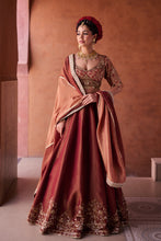Load image into Gallery viewer, Maroon and beige shimmer tissue silk blouse,  lehenga and dupatta
