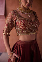 Load image into Gallery viewer, Maroon and beige shimmer tissue silk blouse,  lehenga and dupatta
