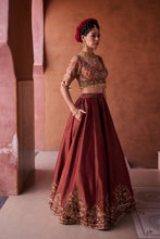 Load image into Gallery viewer, Maroon and beige shimmer tissue silk blouse,  lehenga and dupatta
