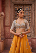 Load image into Gallery viewer, Mustard and Powder blue embroidered blouse, lehenga and dupatta
