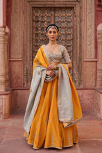 Load image into Gallery viewer, Mustard and Powder blue embroidered blouse, lehenga and dupatta
