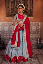 Load image into Gallery viewer, Powder blue and fuchsia silk blouse, lehenga and organza dupatta
