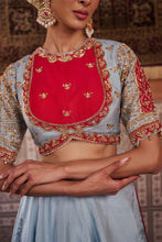 Load image into Gallery viewer, Powder blue and fuchsia silk blouse, lehenga and organza dupatta

