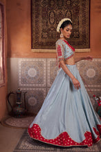 Load image into Gallery viewer, Powder blue and fuchsia silk blouse, lehenga and organza dupatta
