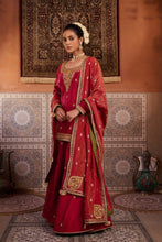 Load image into Gallery viewer, Red upada silk kurti, sharara and shimmer tissue dupatta
