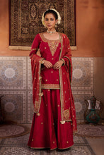 Load image into Gallery viewer, Red upada silk kurti, sharara and shimmer tissue dupatta
