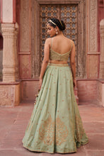 Load image into Gallery viewer, Mint green shimmer tissue Blouse, lehenga and dupatta
