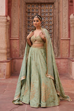 Load image into Gallery viewer, Mint green shimmer tissue Blouse, lehenga and dupatta
