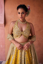 Load image into Gallery viewer, Mustard and sage green silk blouse, lehenga and organza dupatta
