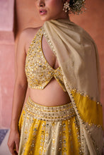 Load image into Gallery viewer, Mustard and sage green silk blouse, lehenga and organza dupatta

