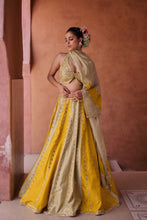 Load image into Gallery viewer, Mustard and sage green silk blouse, lehenga and organza dupatta
