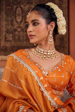 Load image into Gallery viewer, Rust orange silk embroidered blouse, lehenga and dupatta
