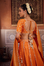 Load image into Gallery viewer, Rust orange silk embroidered blouse, lehenga and dupatta
