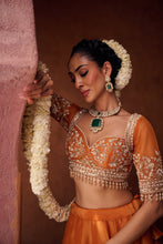 Load image into Gallery viewer, Rust orange embroidered blouse, shimmer tissue lehenga and dupatta
