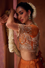 Load image into Gallery viewer, Rust orange embroidered blouse, shimmer tissue lehenga and dupatta
