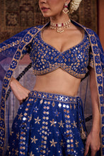 Load image into Gallery viewer, Royal blue dupion silk blouse, lehenga and net dupatta
