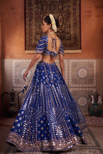 Load image into Gallery viewer, Royal blue dupion silk blouse, lehenga and net dupatta
