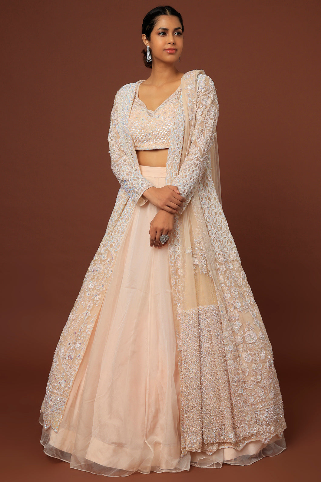 Deep peach organza cutdana, pearl and sequins hand embroidered lehenga