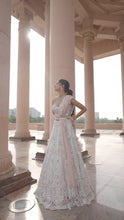 Load and play video in Gallery viewer, SOFT SAGE GREEN TULLE LEHENGA CHOLI AND BELT WITH A BLUSH INK DUPATTA
