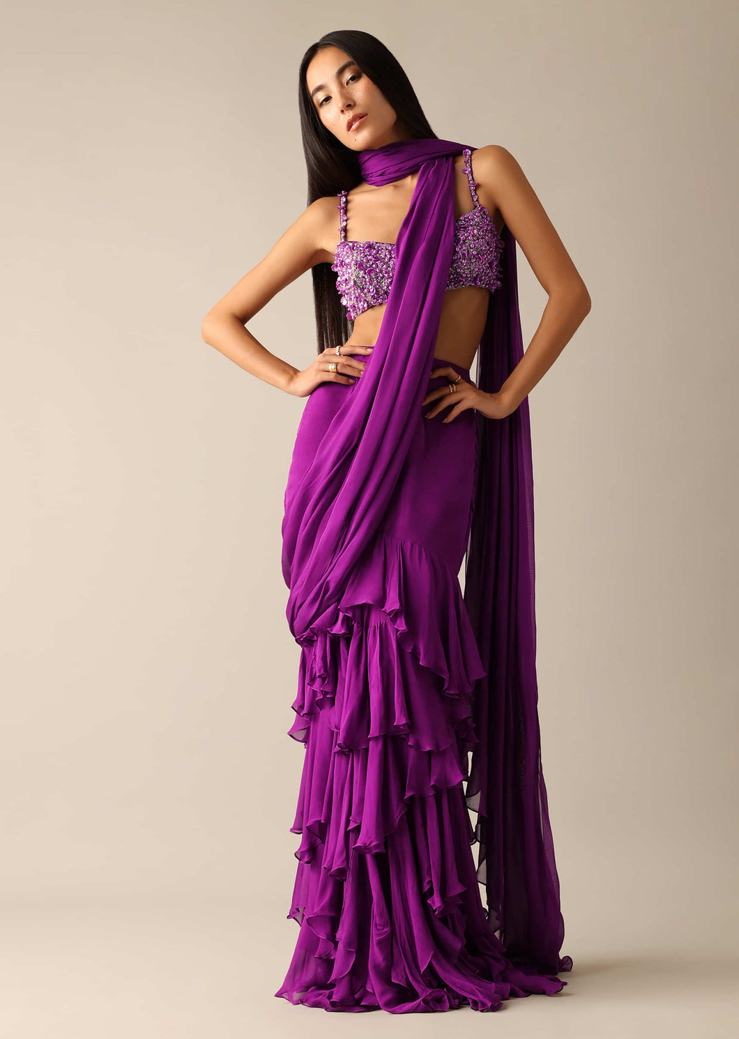 Purple Pre- Pleated Saree with Embroidered Blouse