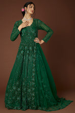 Load image into Gallery viewer, Bottle green net self on self embroidered lehenga
