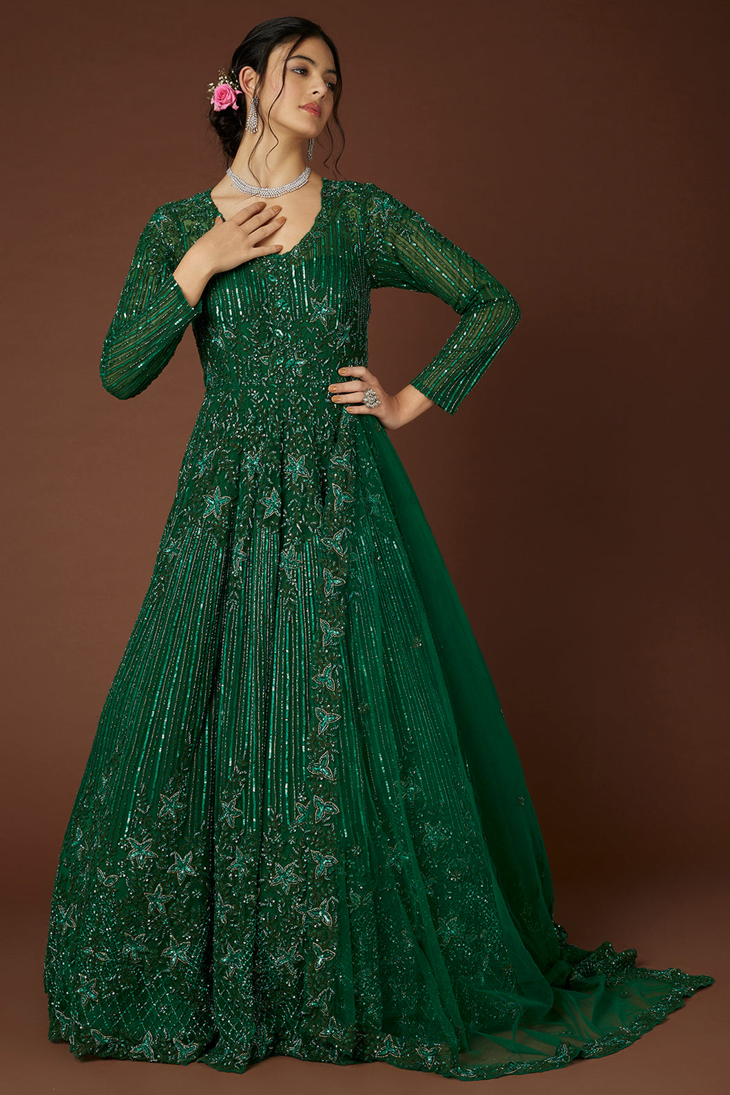 Bottle green net self on self embroidered lehenga