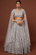 Load image into Gallery viewer, Grey net Resham, cut dana, sequins embroidered lehenga
