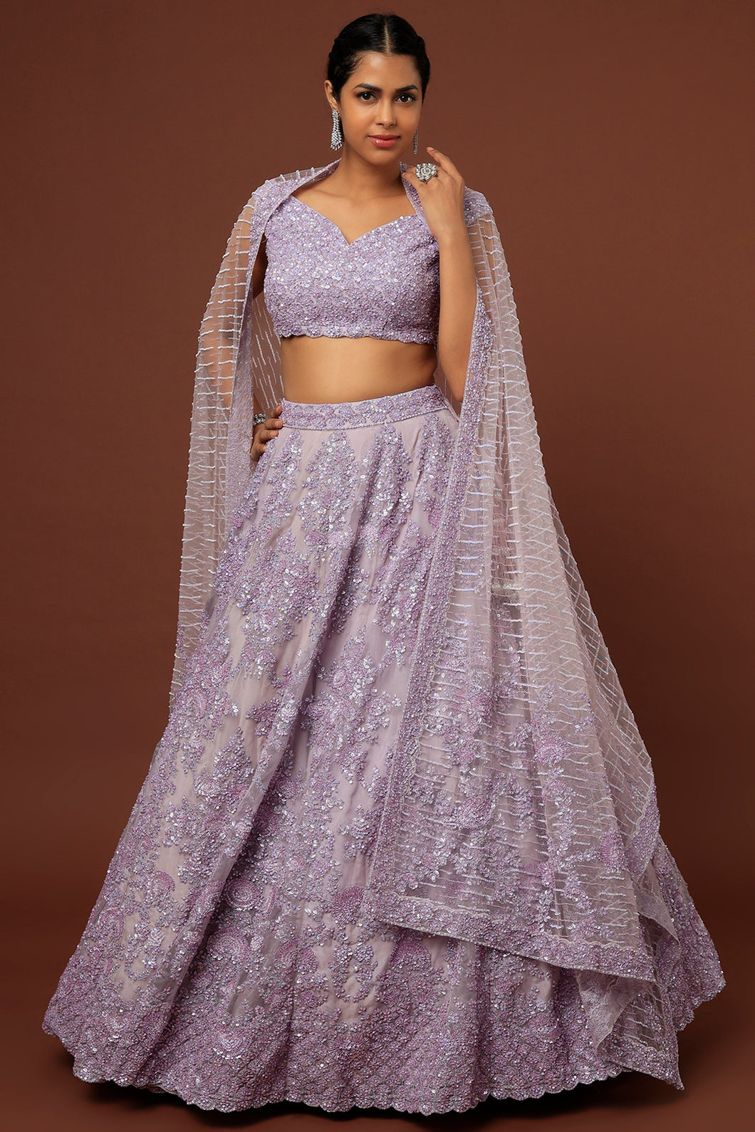 Lilac organza thread and sequins embroidered lehenga