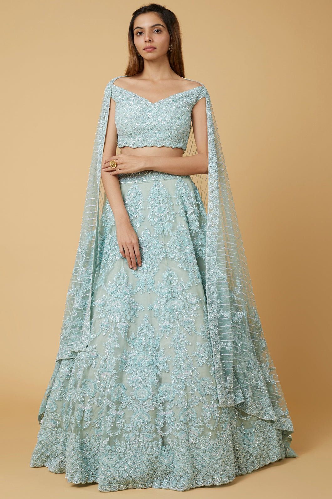 Ice blue net thread and sequins embroidered lehenga