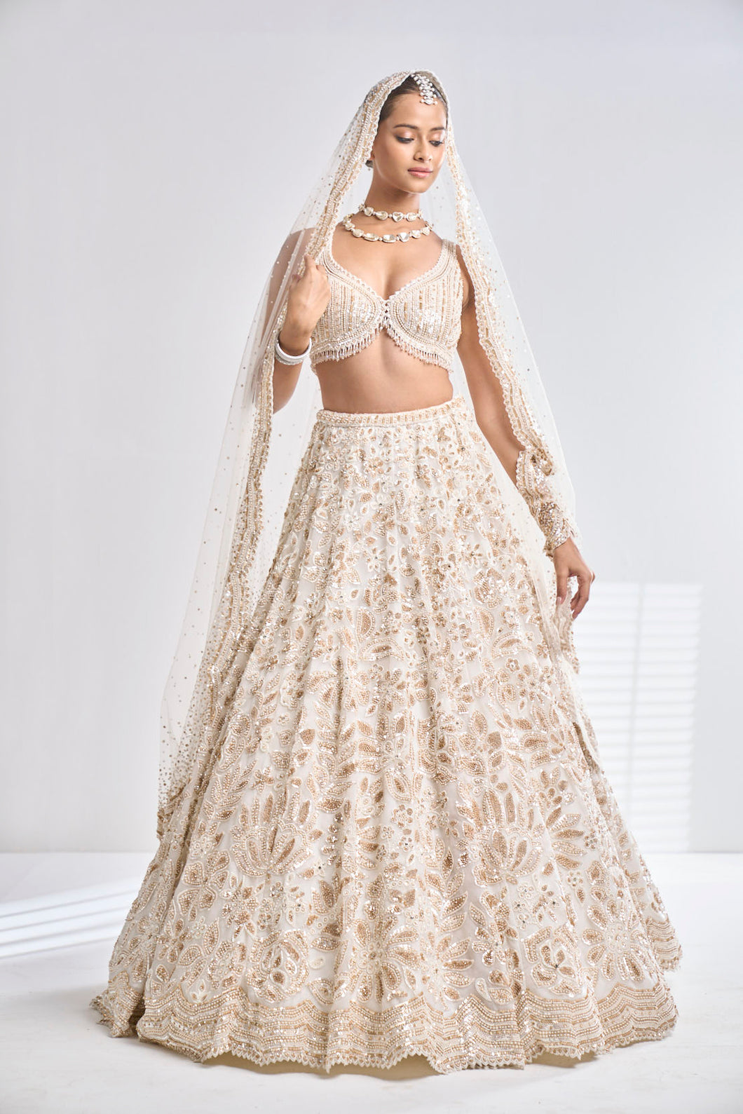 Cream Gold Floral Lehenga Set