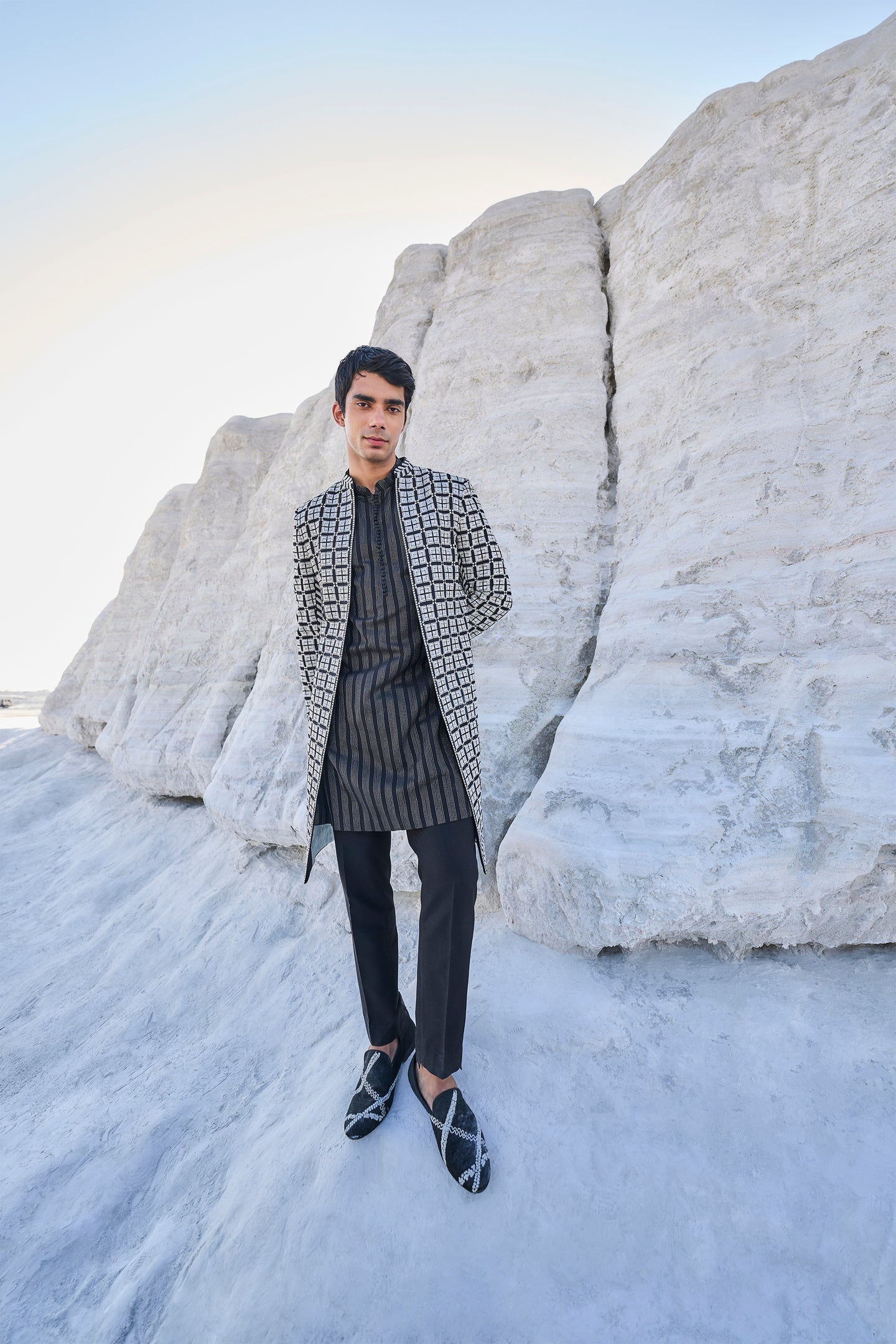 Black & White Open Sherwani Set