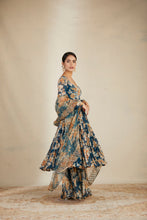 Load image into Gallery viewer, TEAL BLUE CHIFFON FLORAL LEHENGA SET
