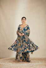 Load image into Gallery viewer, TEAL BLUE CHIFFON FLORAL LEHENGA SET
