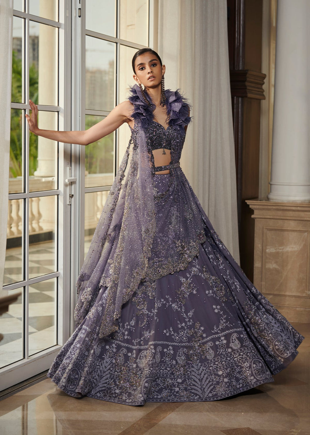 Blue Leaden Chikankari Chiffon Lehenga Set