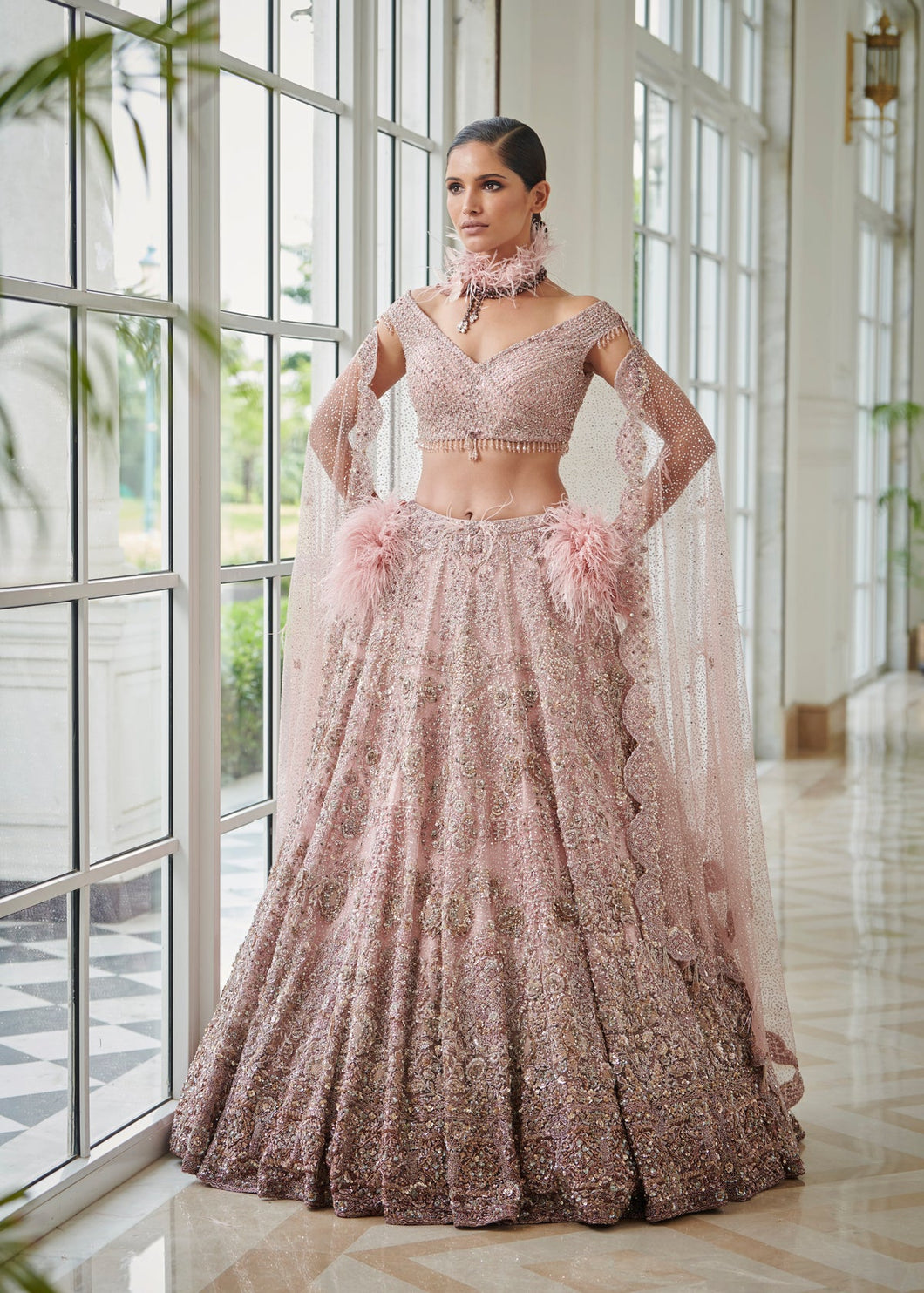 Pink Lavender Mocha Ombre Bridal Shimmer Tulle Lehenga Set