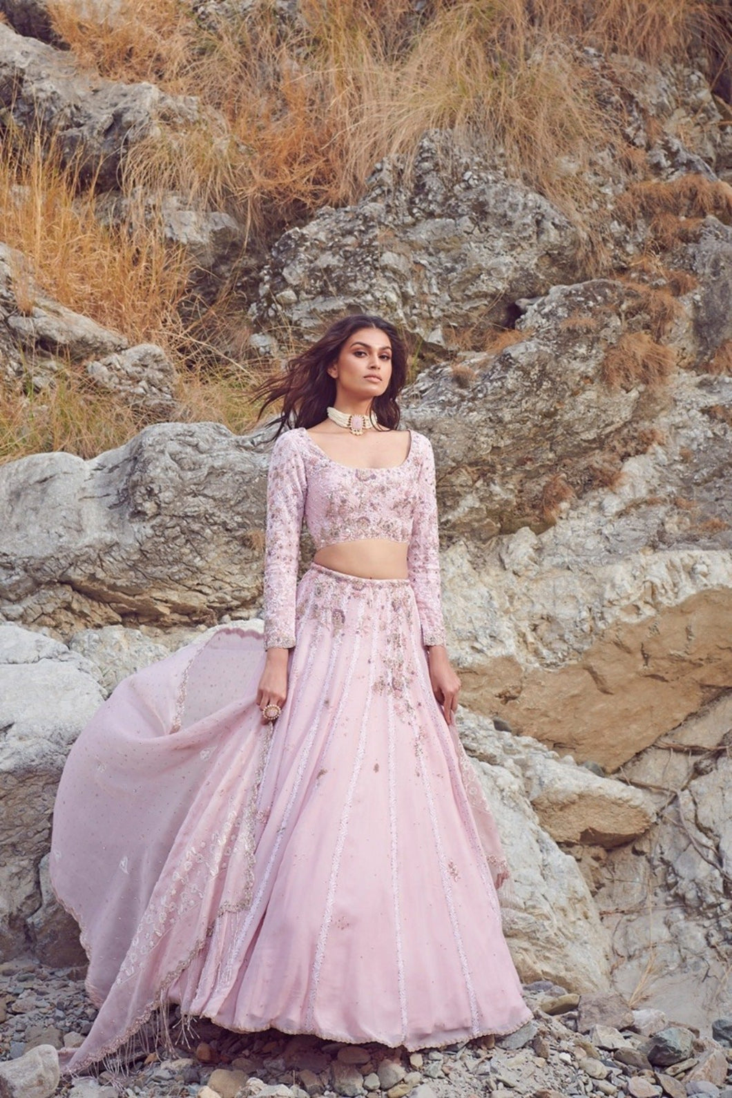 Pink Chiffon Chikankari Lehenga Set