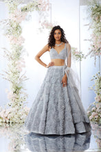 Load image into Gallery viewer, Ice Blue Grey Three - Dimensional Floral Lehenga Set
