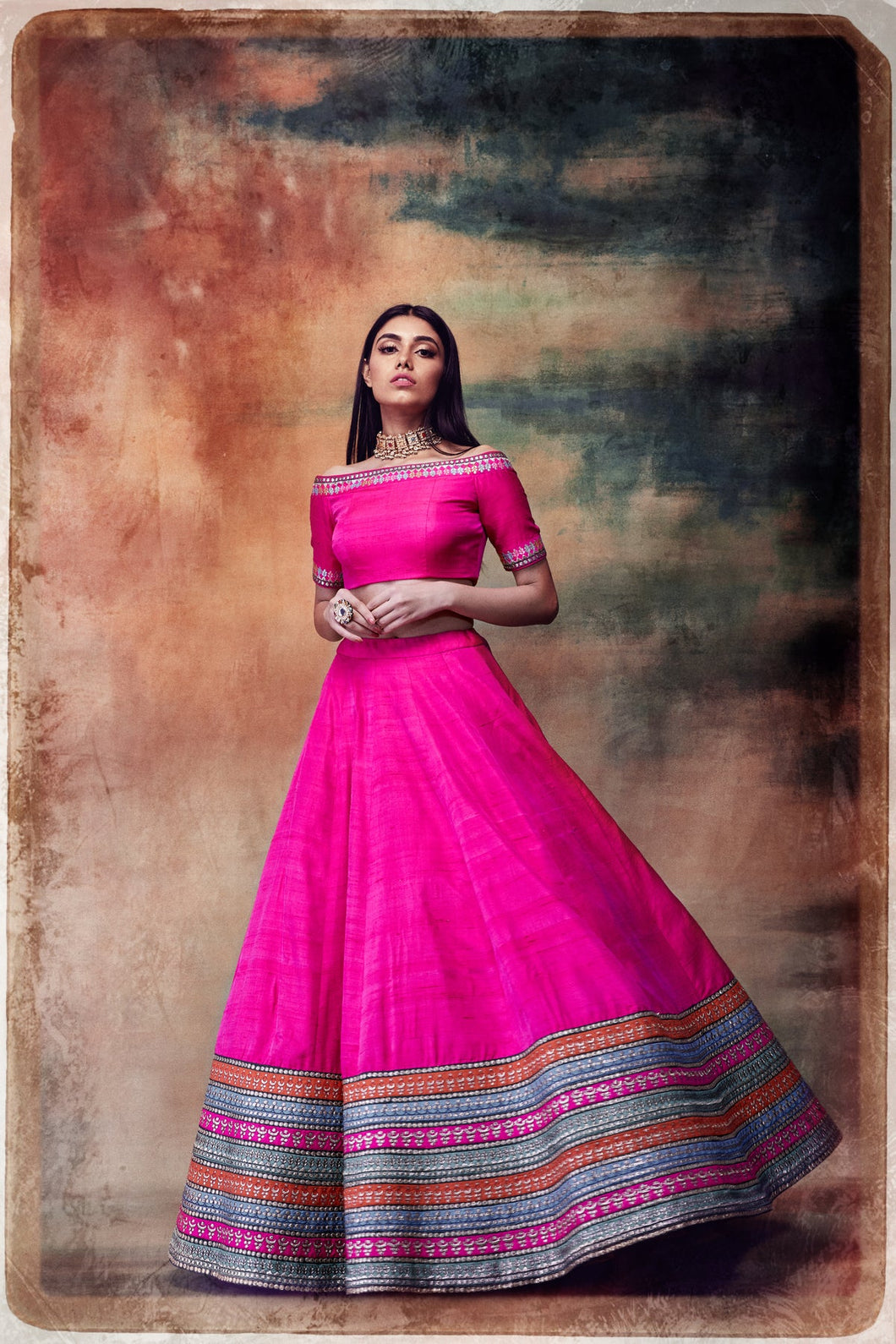 Multi Stripe Off Shoulder Lehenga