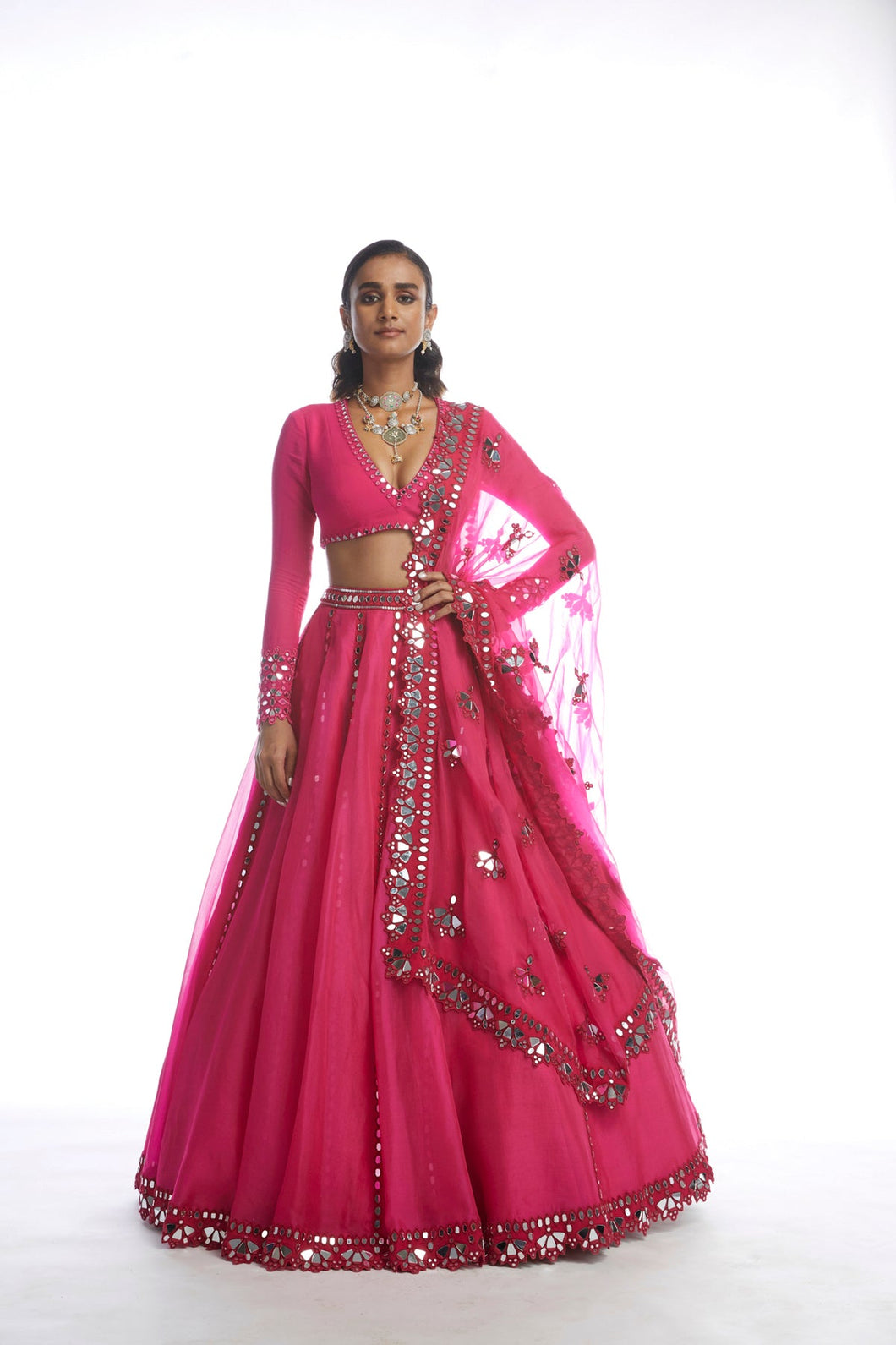 Peacock Pink Pink Mirror Cutwork Lehanga Set