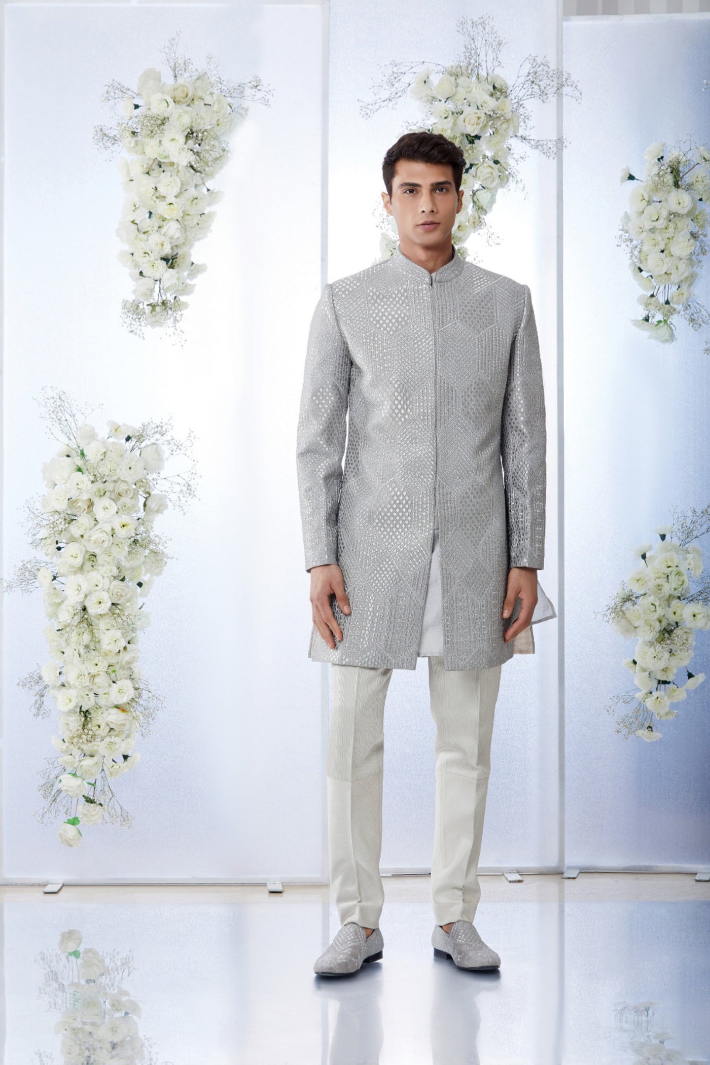 Grey Geomteric Zari Short Sherwani Set