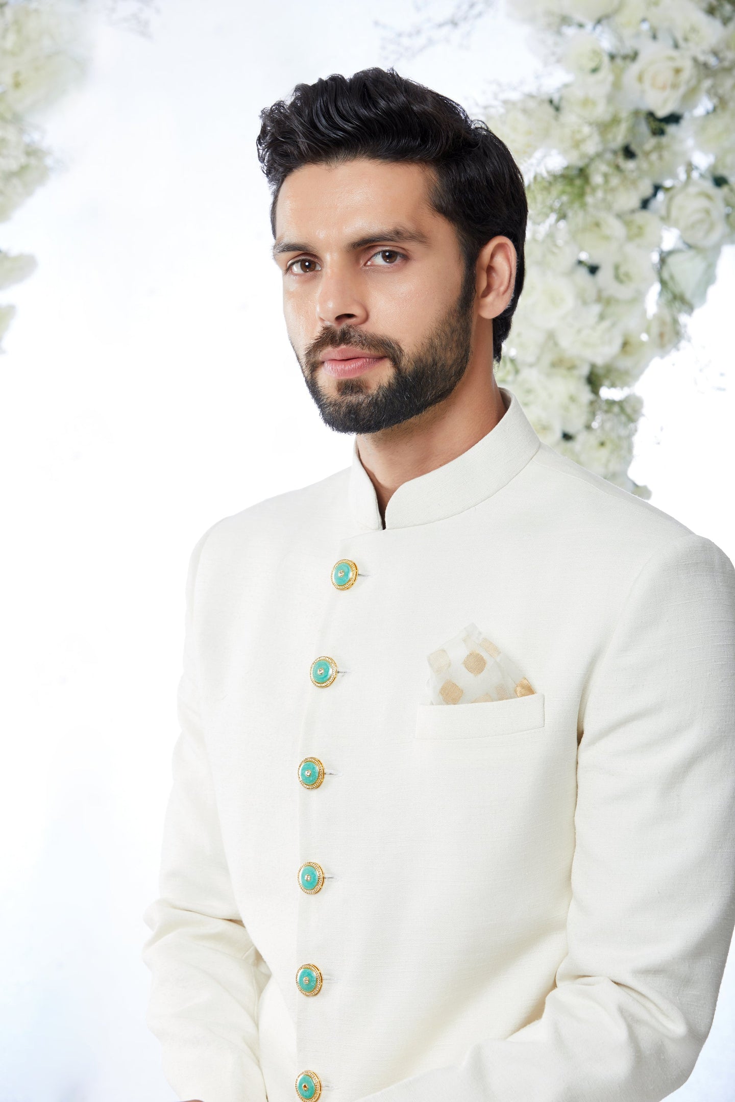 Ivory Sea Green Meena Button Sherwani Set