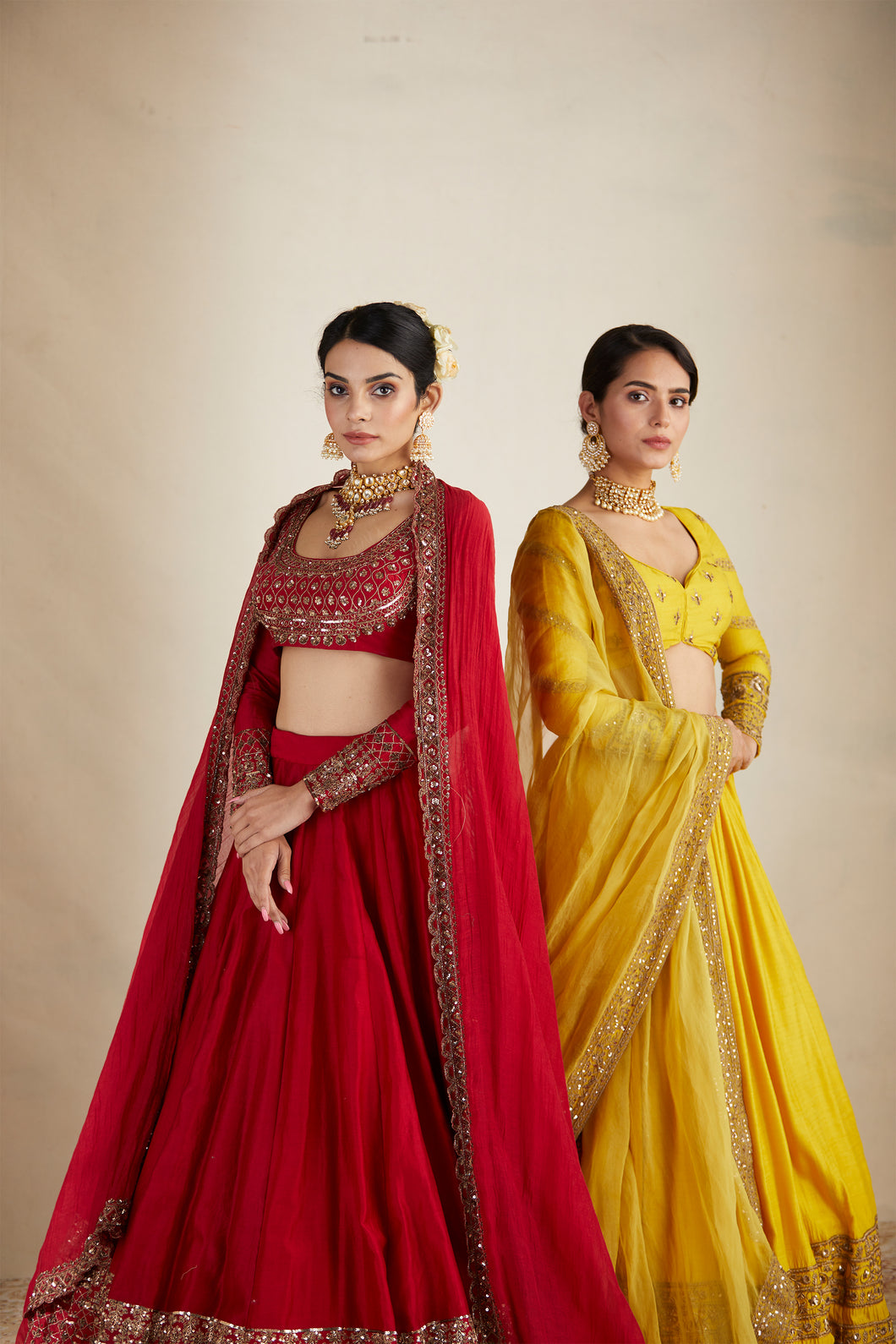 RED CHANDERI BORDER WORK LEHENGA SET