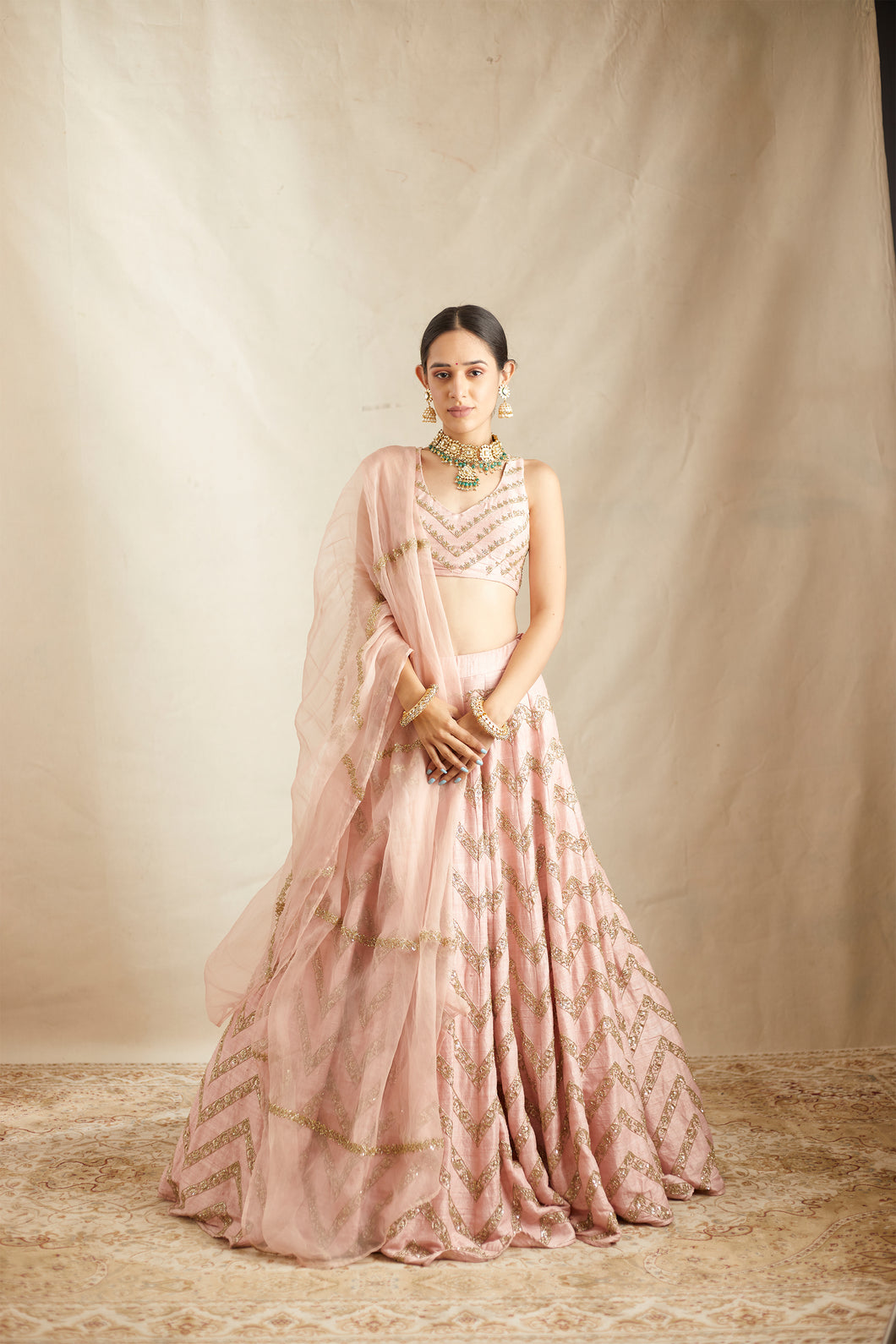 BLUSH PINK RAWSILK ZIGZAG LEHENGA SET