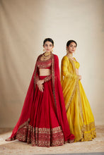 Load image into Gallery viewer, RED CHANDERI BORDER WORK LEHENGA SET
