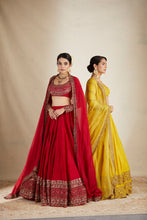 Load image into Gallery viewer, RED CHANDERI BORDER WORK LEHENGA SET
