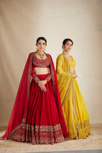 Load image into Gallery viewer, RED CHANDERI BORDER WORK LEHENGA SET
