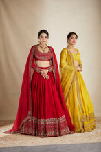 Load image into Gallery viewer, RED CHANDERI BORDER WORK LEHENGA SET
